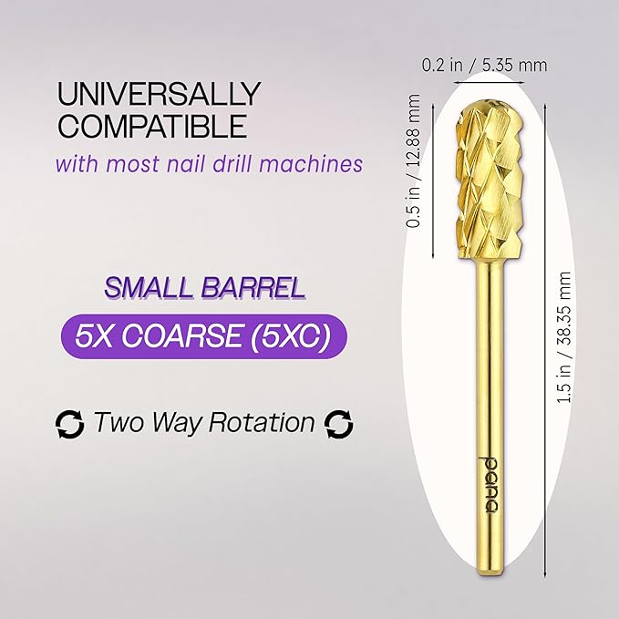 PANA Smooth Top Small Barrel 3/32" Shank Size - (Gold, 5X Coarse Grit) - Fast remove Acrylic or Hard Gel Nail Drill Bit for Manicure Pedicure Salon Professional or Beginner