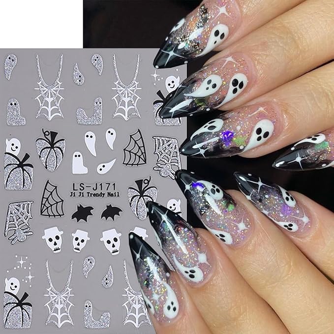 6 Sheets Silver Pumpkin Nail Art Stickers Halloween Nail Stickers Glitter Spider Web Nail Decals Bat French Tips Water Drop Gold Design Shine Sticker for Nail DIY Manicure Supplies for Women