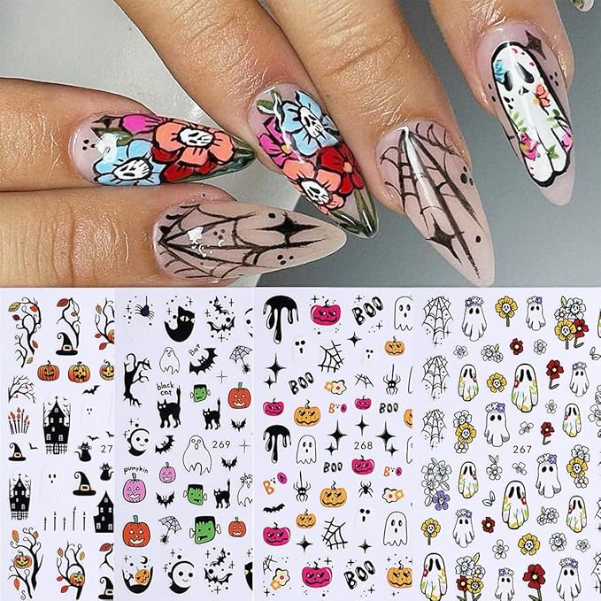 Halloween Nail Art Stickers Decals 3D Halloween Nail Stickers for Nail Art 6PCS Ghost Spiders Web Bat Pumpkin Black Cat Self-Adhesive Nail Art Design Manicure Sliders for Women DIY Nail Decorations