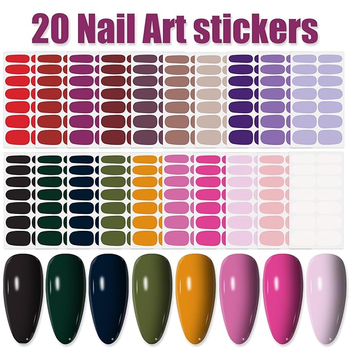 WOKOTO 20 Sheets Solid Nail Polish Strips for Women Girls Mix-Color Nail Polish Stickers with Nail File Kit Multi-Color Stick On Nails Stickers Full Nail Wraps Strips Nail Gel Stickers for Nails
