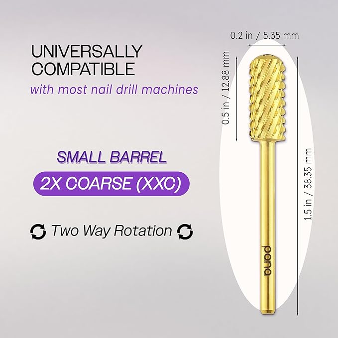 PANA 3/32" Small Smooth Round Top Safety Carbide Nail Drill Bit for Gel Polish & Acrylic Removal Nail Salon Manicure Pedicure Electric File Tools (Small Barrel - Gold, 2X Coarse)