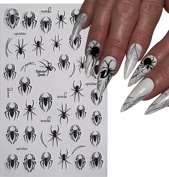 4 Sheets Halloween Nail Stickers for Nail Art 5D Embossed Self-Adhesive Spider Web Nail Art Stickers White Black Spider Nail Decal for Women Girls Scary Halloween Manicure Decoration