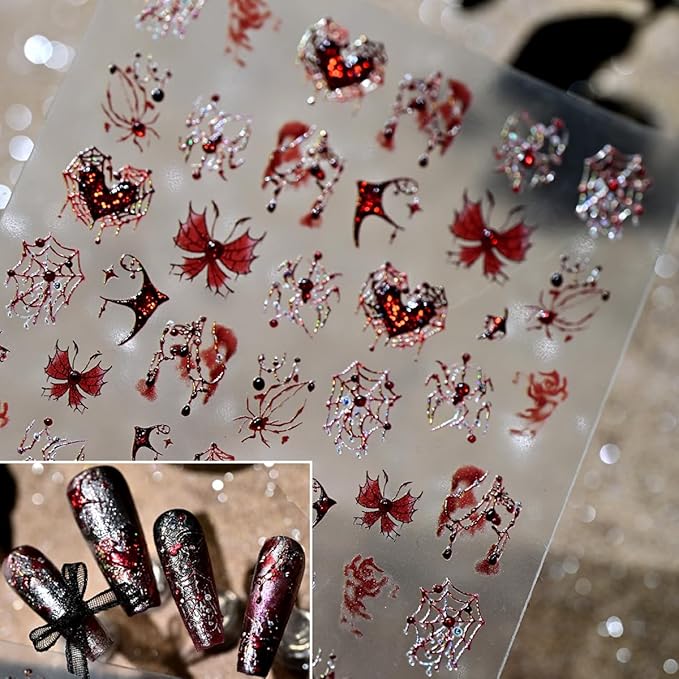Halloween Nail Stickers for Nail Art 5D Red Rhinestone Spider Nails Decals Self Adhesive Bloody Butterfly Heart Spider Web Design Halloween Spider Nails Art Stickers for Women Manicure Supplies 1PCS