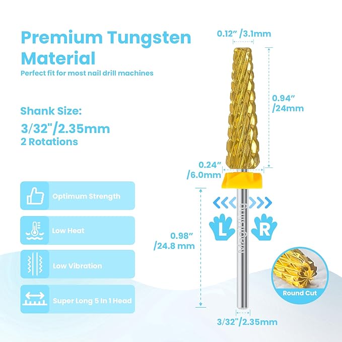 24mm Super Long 5 in 1 Nail Drill Bits, Professional 3/32'' Tungsten Carbide Bits, Fast Gel Removal for Long Acrylic Nails, Left Right Hand Use, Manicure Cuticle Hard Gel Polishing, Double Coarse