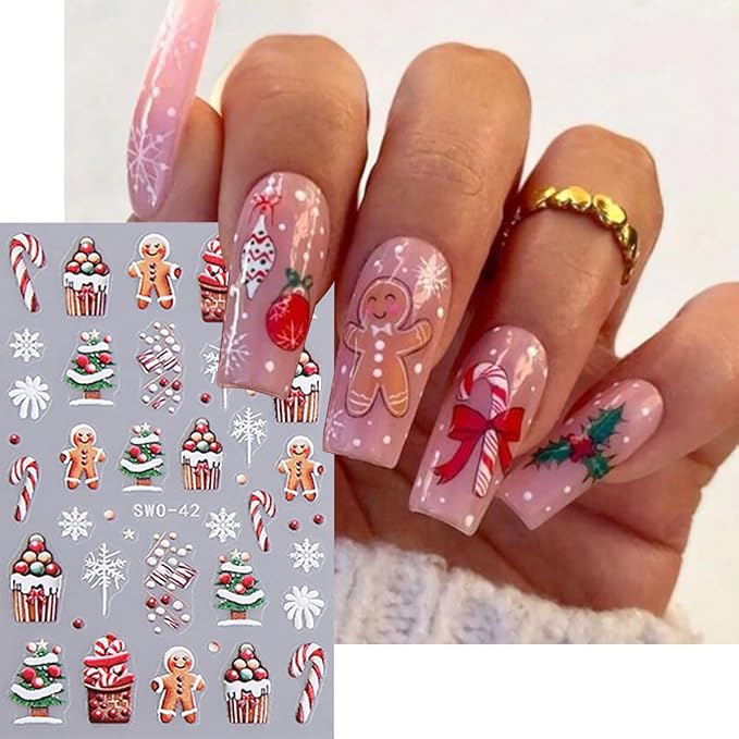 8 Sheets Christmas 5D Embossed Nail Art Stickers for Nail Art Red Glitter Nail Decals Self Adhesive Snowflake Elk Gingerbread Santa Claus Nail Design Stickers Winter Holiday Nail Sticker for Women