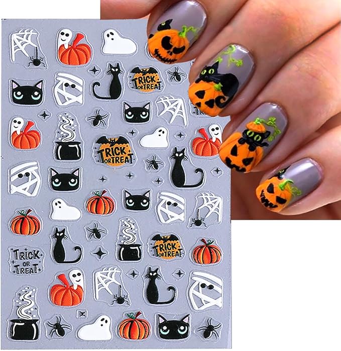 3 Sheets 5D Embossed Halloween Cat Nail Stickers for Nail Art Self Adhesive Cat Cute Ghost Nail Decals Spooky Spider Web Pumpkin Bandage Nail Designs Stickers Holiday Nails Supply for Women Manicure
