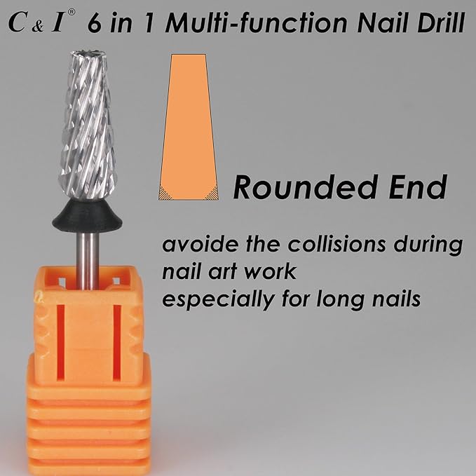 C & I Nail Drill Bit 6 in 1 Multi-Function Rounded End E File, Tungsten Steel CNC Overall Cutting, Manicure Tool for Nail Tech Quick Remove Nail Gels, Acrylic Nails (Original, Extra Coarse -XC)