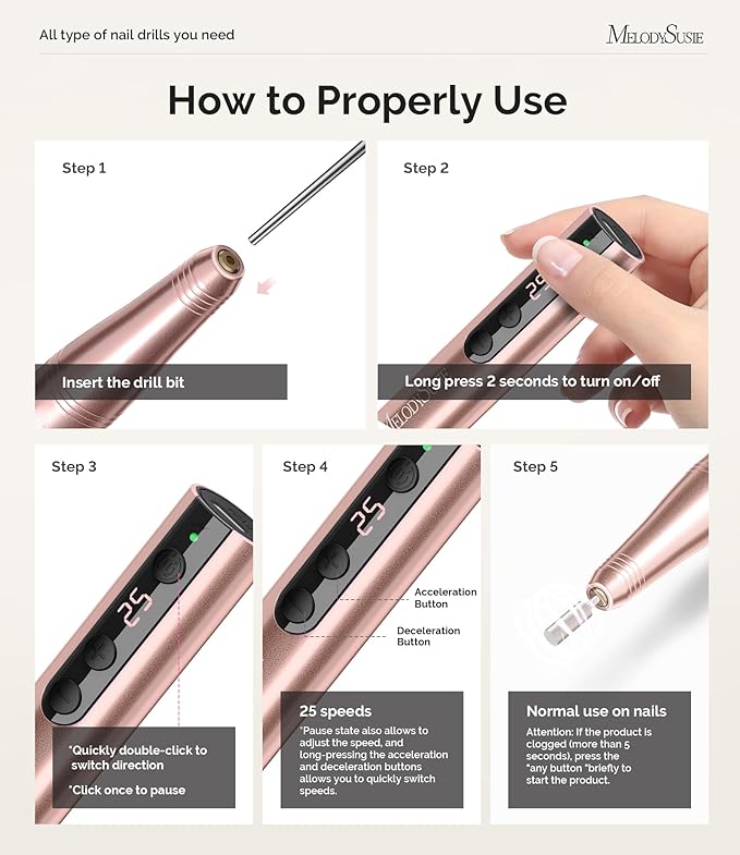 MelodySusie Pen-Shaped Portable CordlessNail Drill, PC180F 25000RPM RechargeableElectric File with LED Display for All NailCare, Manicure Shaping & Acrylic GelRemoval for Nail Artists DIY at Home