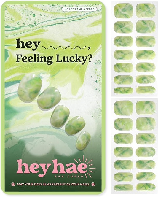 Heyhae Semi Cured Gel Nail Strips | No LED Lamp Needed | Summer, Marble, Green | Easy Apply & Remove, Salon Quality | Includes 28 Strips, 1 Prep Pads, Nail File & Wooden Stick - Hey, Feeling Lucky?