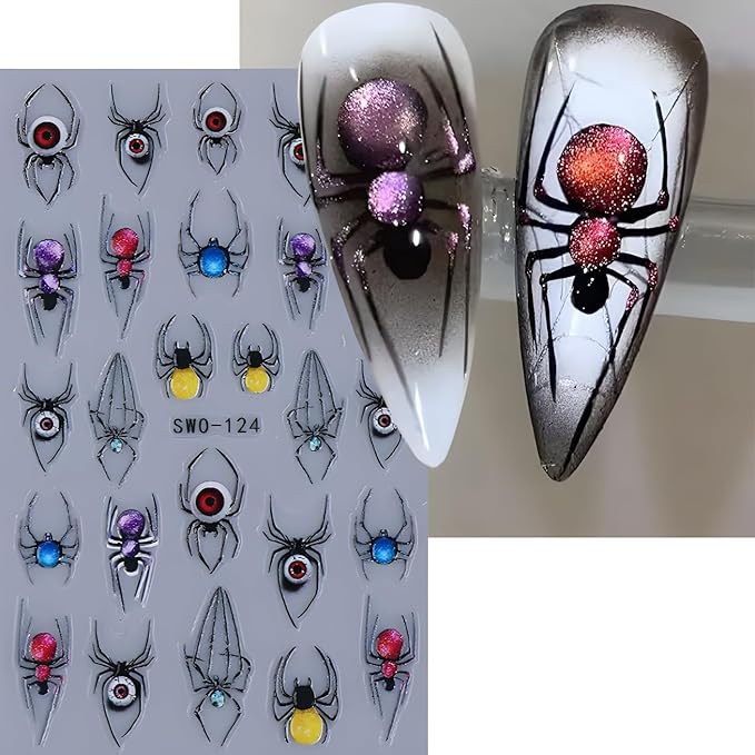 2 Sheets Halloween Nail Art Stickers Flower Nail Stickers 5D Self-Adhesive Colorful Spider Nail Decals Cute Ghost Nail Art Skeleton Nail Supplies Decoration for Women and Girls
