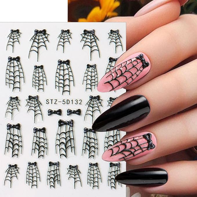 5D Halloween Nail Stickers Spider Web Nail Art Stickers Spider Bow Nail Decals Self Adhesive 3D Nail Design Sticker Cobweb Nails Decorations for Women Girls Manicure Accessories Supplies 2Pcs