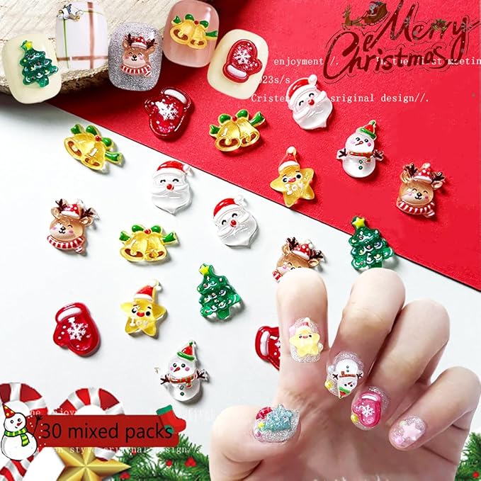 100Pcs Christmas Nail Charms and Gems 3D Christmas Tree Santa Claus Snowman Deer Nail Rhinestones Jewelry Supply Christmas Xmas Nail Art Charms for Women DIY Manicure Holiday Party Nails Decoration