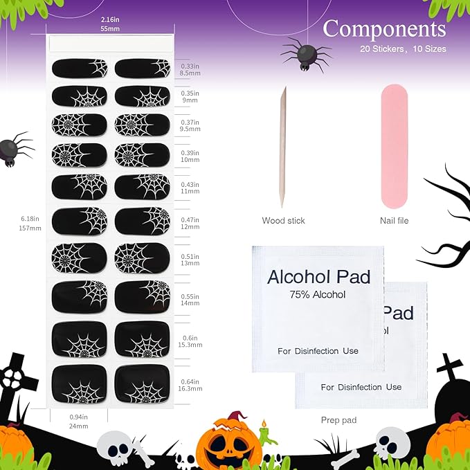 Halloween Semi Cured Gel Nail Strips, 20 pcs Gel Stikers, Wraps, Salon-Quality, 2 Weeks Long Lasting - Queen of The Night 288