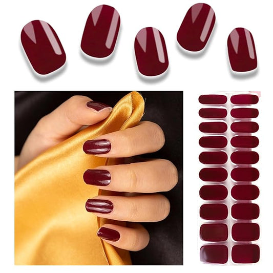 20pcs Semi Cured Gel Nail Strips, Real Nail Polish Art Stickers, Burgundy Gel Nail Stickers - Work with Any UV Lamp, Long Lasting Full Wraps with Nails File and Stick