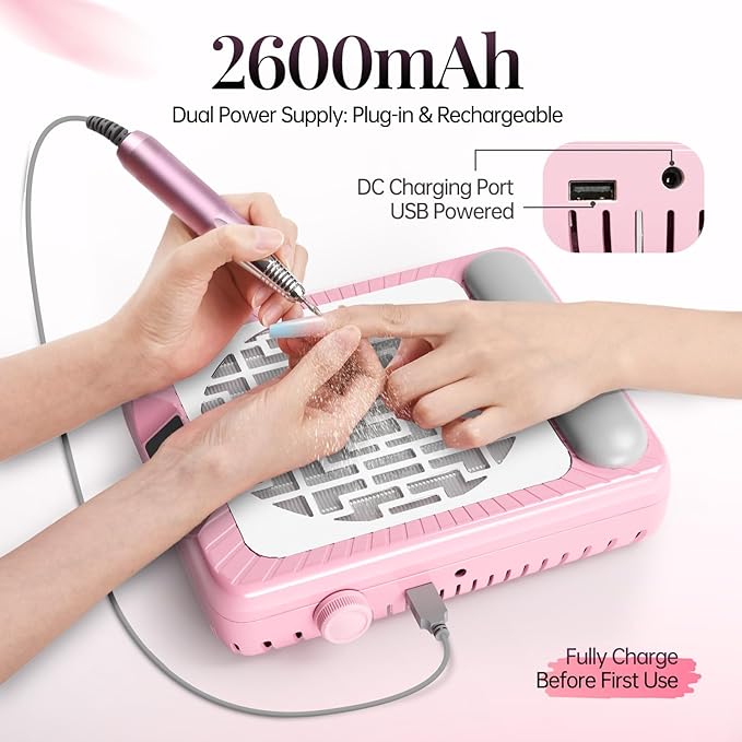 krofaue Wireless Nail Dust Collector with Arm Rest - Quiet Rechargeable Nail Vacuum Dust Collector for Salon & Home 40 Speeds Adjustable with Digital Display, Replaceable Filter & Brush