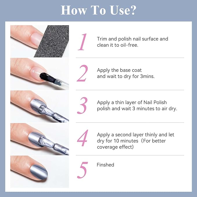 Chrome Nail Polish Metallic Mirror Effect, Air Quick Dry Holographic Nail Lacquer Silver Purple Regular Color for Finger Toe Nail French Manicure Art