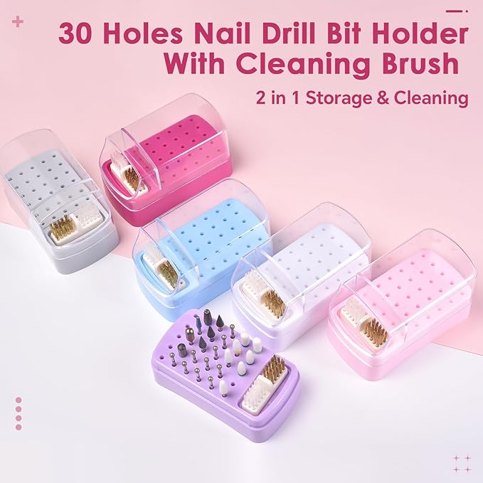 2 in 1 Nail Drill Bit Holder & Nail Drill Bit Cleaner Brush Case 30 Holes Dustproof Nail Drill Bit Display Stand Organizer Box Manicure Drill Bits Cleaning Brush Bits Storage Tool, Pink