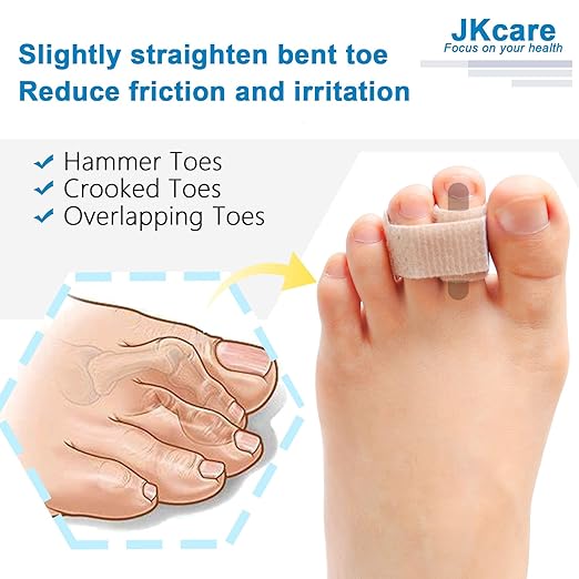 JKcare Broken Toe Wraps, 8 Pack Improved Hammer Toe Cushion Bandages, Toe Buddy Separator Splint for Overlapping, Bent, Crooked Toe Pain Relief - Temporary Toe Straighteners