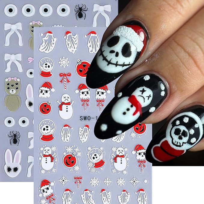 2Sheets Halloween Nail Art Stickers 5D Embossed Evil Snowman Ghost Designs Nail Decals Self-Adhesive Skull Pumpkin Nail Stickers Litter Bear Eye Nail Decal Spider Nail Sticker for Women Nails Decor