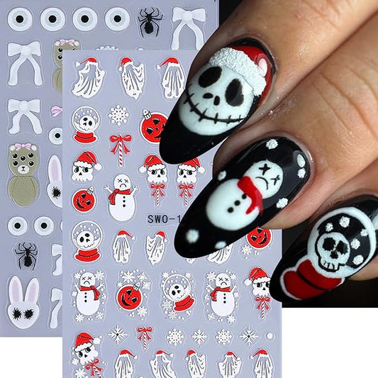 2Sheets Halloween Nail Art Stickers 5D Embossed Evil Snowman Ghost Designs Nail Decals Self-Adhesive Skull Pumpkin Nail Stickers Litter Bear Eye Nail Decal Spider Nail Sticker for Women Nails Decor