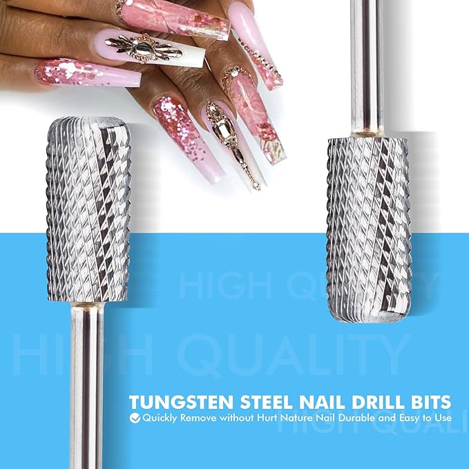 QUNZHAO Nail Drill Bits Dust proof bit Tungsten Steel Fast remove Acrylic or Hard Gel 3/32" Shank - Manicure, Nail Art, Drill Machine (Medium - M, Silver)