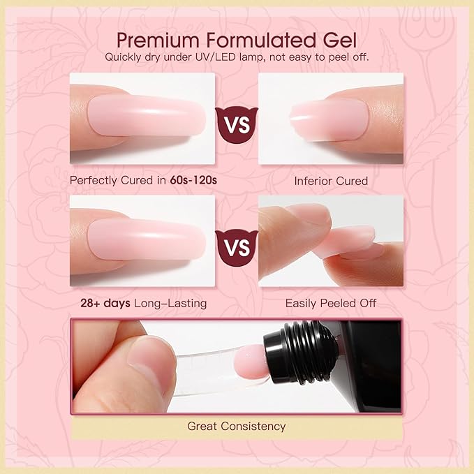 ROSALIND 2 oz Pink Poly Nail Gel, Peach Pink Poly Extension Gel for Nails Nature Color Builder Nail Strengthen Gel Poly Nail Art Design for Women