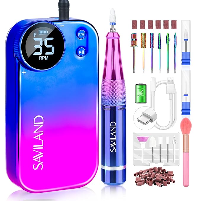 SAVILAND Portable Electric Nail Drill - PRO 35000RPM Electric Nail File Nail Drills for Acrylic Nails Professional with Drill Bits Manicure Pedicure Supplies Use Nail Art for Home DIY Salon Use