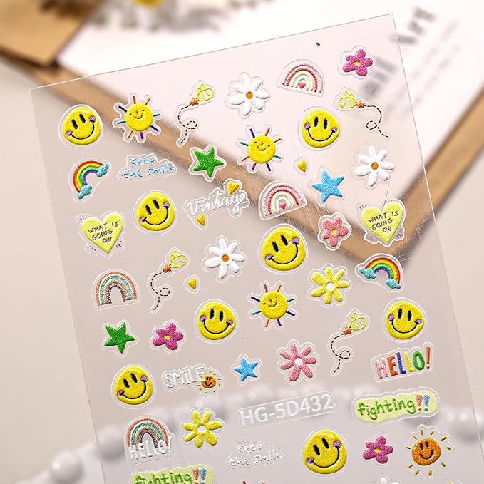 5D Embossed Smiley Face White Daisy Nail Stickers - Floral Face Nail Art Decorations for Manicure A Set of 2 Sheets
