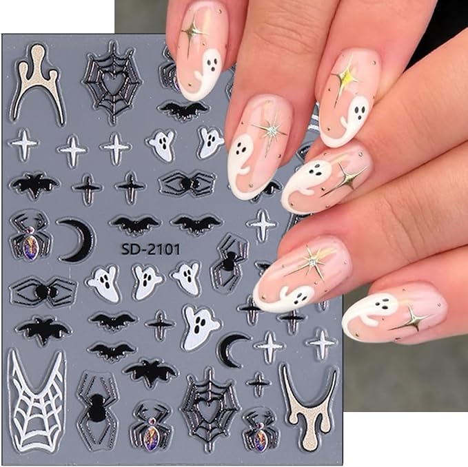 5Pcs Halloween Nail Art Stickers Decals 5D Cute Pumpkin Ghost Nail Stickers Bloody Spider Web Bat Skeleton Goth French Nails Design Decals Spider Nail Supplies for Women Halloween Salon Manicure