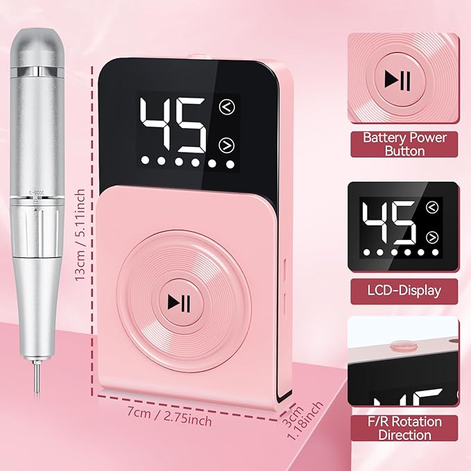 Nail Drill, Professional 45000RPM Electric Nail File with 12 Drill Bits Remover Gel Nail Polish Acrylic Nails Manicure for Salon Home(Pink)