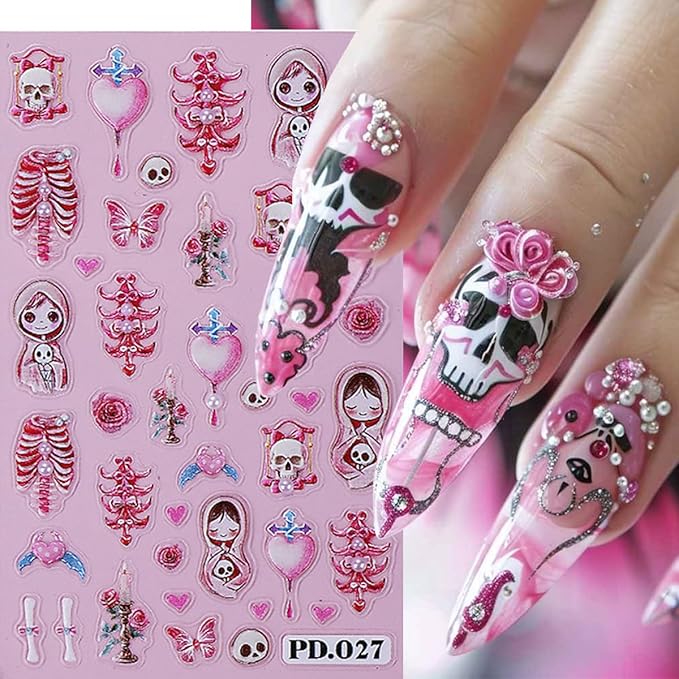 3D Horror Halloween Nail Art Stickers Decals Scary Skeleton Crow Spider Skull Nail Stickers with Spider Web Design Self-Adhesive Red Blue Rose Nail Decals for Women DIY Manicure 4 Sheets