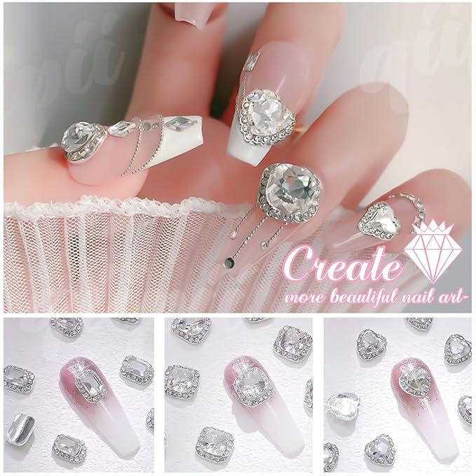 24Pcs 3D Alloy Silver Clear Nail Art Rhinestones Luxury Charms for Nails- 3D Alloy Heart Nail Charms, Elegant Silver Nail Crystal Diamonds Stones Studs for Acrylic Nails DIY Crafts Jewelry