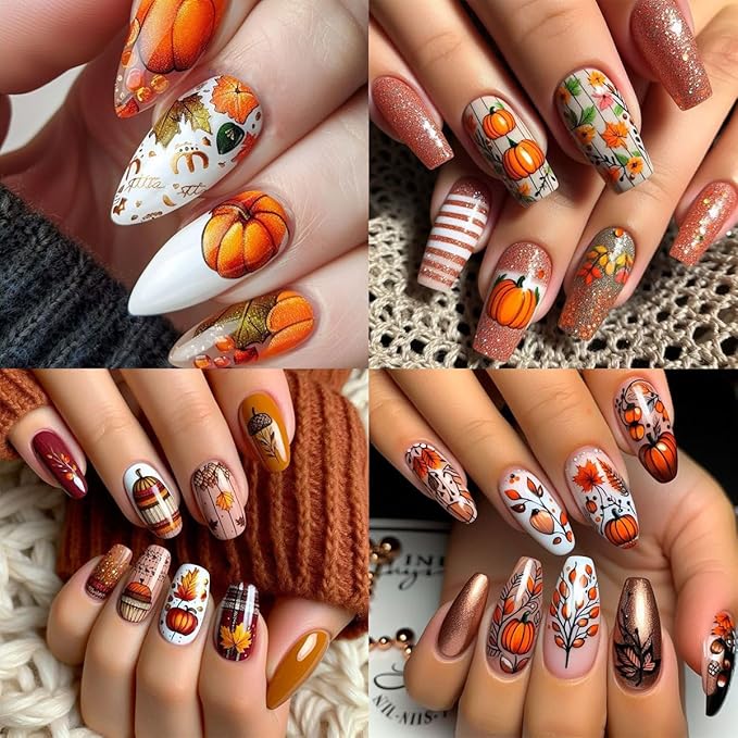 6 Sheets Fall 5D Embossed Nail Art Stickers Self-Adhesive Maple Leaf Pumpkin Nail Decals Cute Fox Turkey Squirrel Nail Design Stickers Thanksgiving Letters Acrylic Nails Art Supply for Women Manicure