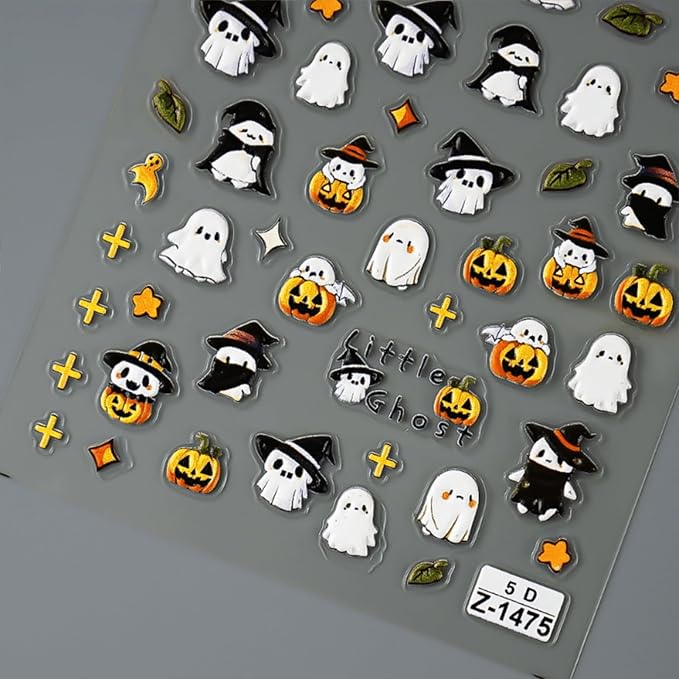 Embossed 5D Halloween Nail Stickers - Cute Ghost & Pumpkin Designs, Self-Adhesive Halloween Nail Decals for Women & Girls 2 Sheets