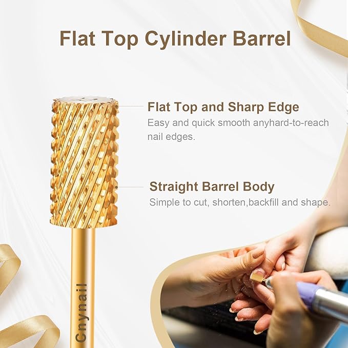 3/32" Large Barrel Flat Top Tungsten Carbide Nail Drill Bit Safety Bit for Gel & Acrylic Removal, 2-Way Rotating Efile Tip, Salon Electric File Accessory (XC Grit, Gold)