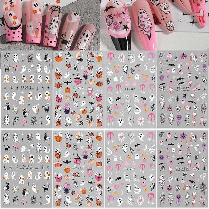 8 Sheets Halloween Cute Ghost Nail Stickers for Nail Art Self-Adhesive Decals With Spider, Bat, Pumpkin, Spider Web Designs - Manicure Holiday Decorations Charms for Women