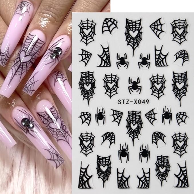 6Pcs Halloween Nail Art Stickers Decals Black Red Spider Nail Stickers with Rhinestones Design Heart Spider Web Nail Decals 3D Bat Blood Moon Star Horror Halloween Stickers for Women Manicure Supplies