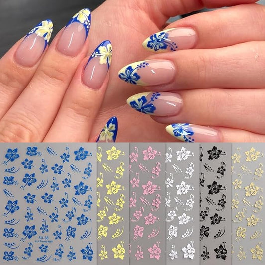 6 Sheets Flower Nail Stickers, Hibiscus 3D Self-Adhesive Nail Decals Blue Yellow White Pink Gold Floral Petal Tropical Leaf Designs DIY Manicure Supplies for Women Girls