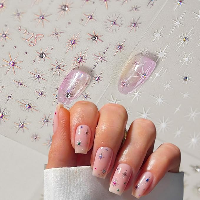 5D Self-Adhesive Glitter Diamond Star Nail Stickers Crystal Nail Art Sticker Silver Pink Sparkle Star Nail Decals with Shiny Rhinestone Luxury Nail Design Supplies for Women DIY Nail Decorations