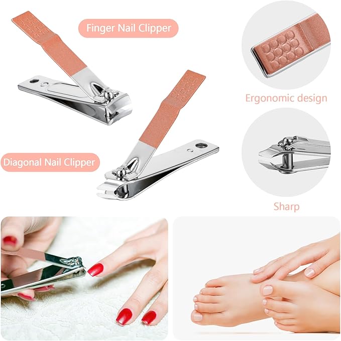 Lasnten 100 Bulk Nail Clipper Set Bulk Manicure Kit Stainless Steel Pedicure Professional Nail Care Kit with Travel Case Portable Grooming for Husband Men Women Family(Rose Gold,8 in 1)