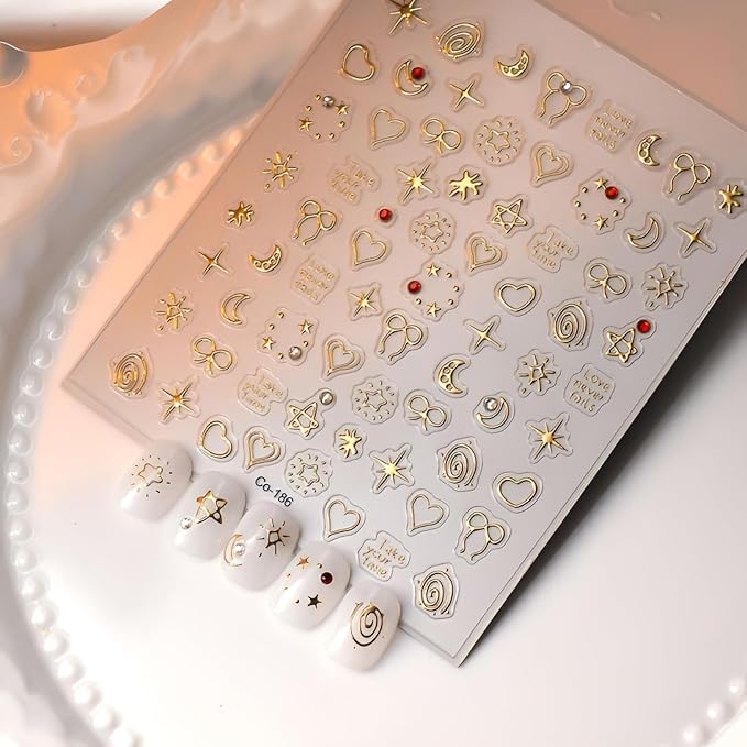 Gold Nail Art Stickers Bow Star Nail Stickers 5D Self-Adhesive Nail Decals with Rhinestones Design Gold Heart Moon Nail Supplies Decoration Accessories for Women and Girls