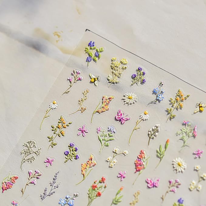 1Pcs Embossed Flower Nail Stickers Small Daisy Nail Decals 5D Embossed Wildflower Nail Art Stickers Spring Summer Pink Yellow Blue White Green Flower Design Nail Art Decoration for Women Girls Kids