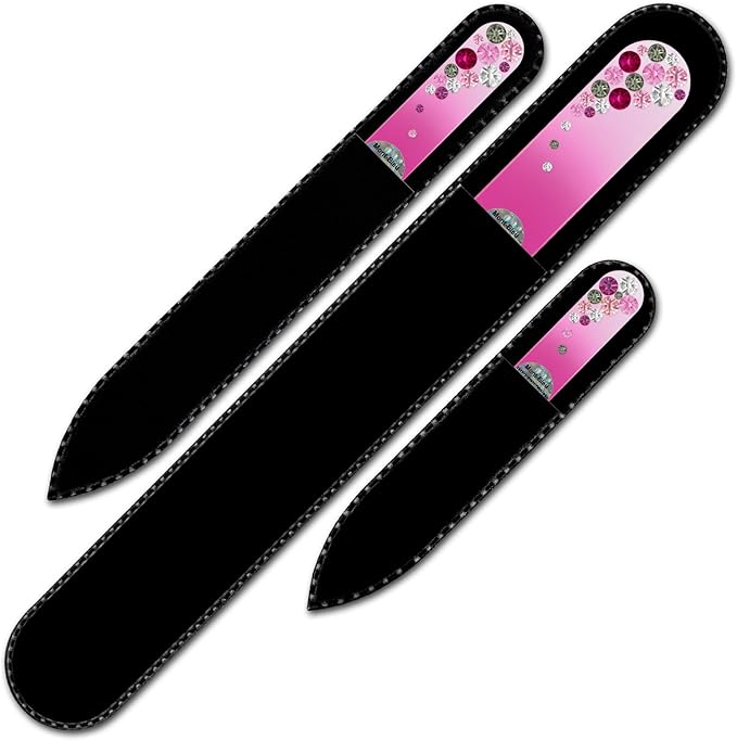 Mont Bleu Set of 3 Glass Nail Files hand decorated with crystals - Handmade gifts - Czech Tempered Glass - Excellent Nail Filing Tools - The Best Gifts - Crystal Nail File