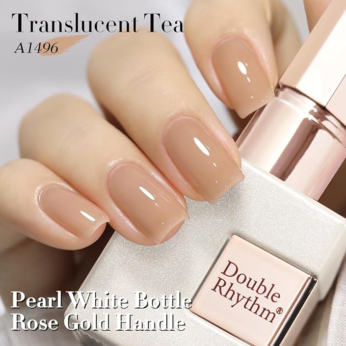 Double Rhythm Gel Polish 15ML Jelly Sheer Pastel Light Milky Color Pearl White Bottle 1 PC 0.5 OZ Full Size Nail Art Salon at Home (Translucent Tea-D1496)