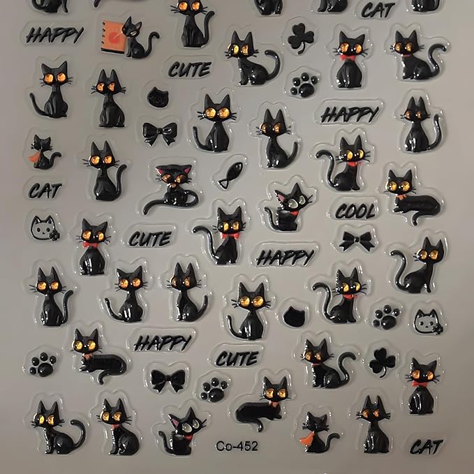 Halloween Nail Sticker for Nail Art Black Cat Nail Stickers 5D Self-Adhesive Cat Nail Decals Black Nail Art Supplies Decoration Accessories for Women and Girls