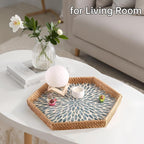 Hexagon Rattan Tray with Mother of Pearl Inlay, Rattan Serving Tray - Image 7