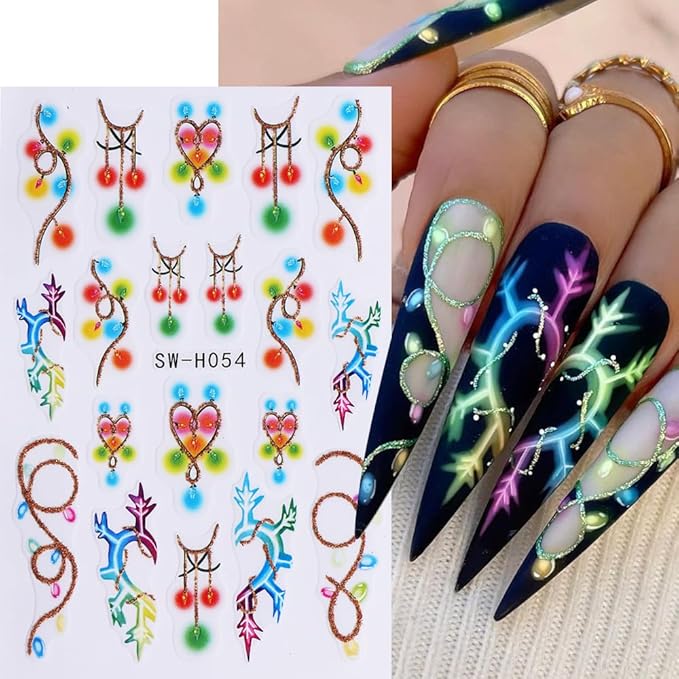 4Pcs Christmas Nail Stickers Santa Claus Snowman Nail Decals DIY Self Adhesive Christmas Tree Poinsettia Flowers Colored Lights Design Nail Decoration Supplies Holiday Manicure Accessories for Women