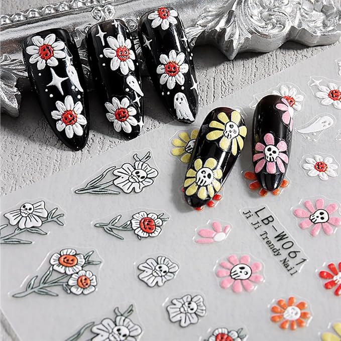 4 Sheets Halloween Nail Art Stickers 3D Self-Adhesive Goth Nail Stickers Flower Skull Ghost Designs Skeleton Nail Decals Nail Art Supplies for Women Acrylic DIY Halloween Holiday Nail Decoration DIY