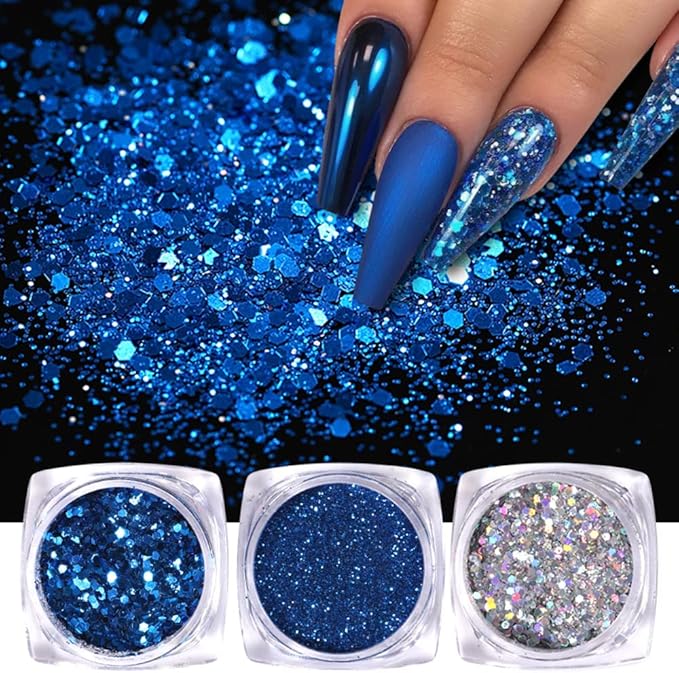 6 Boxes Holographic Nails Glitter Powder Nail Art Supplies Metallic Shining Flakes Blue Silver Nail Glitter Set for Nails Art Decoration