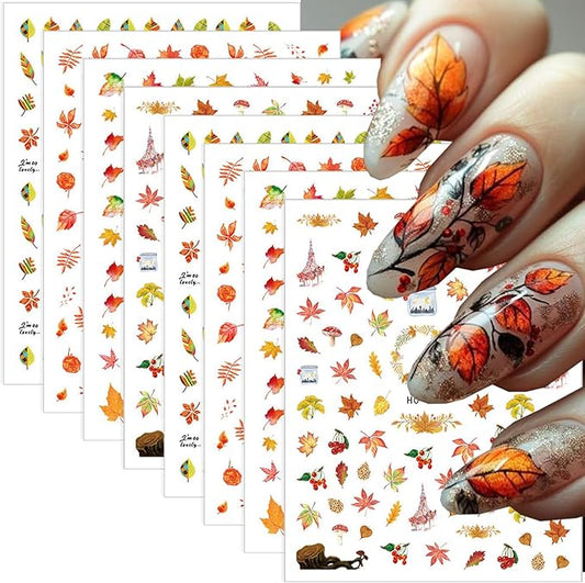 8 PCS Fall Nail Stickers for Nail Art 3D Self Adhesive Autumn Maple Leaf Design Nail Art Decals Thanksgiving Day Salon Accessories Cute Manicure Sticker for Women Holiday DIY Acrylic Nails